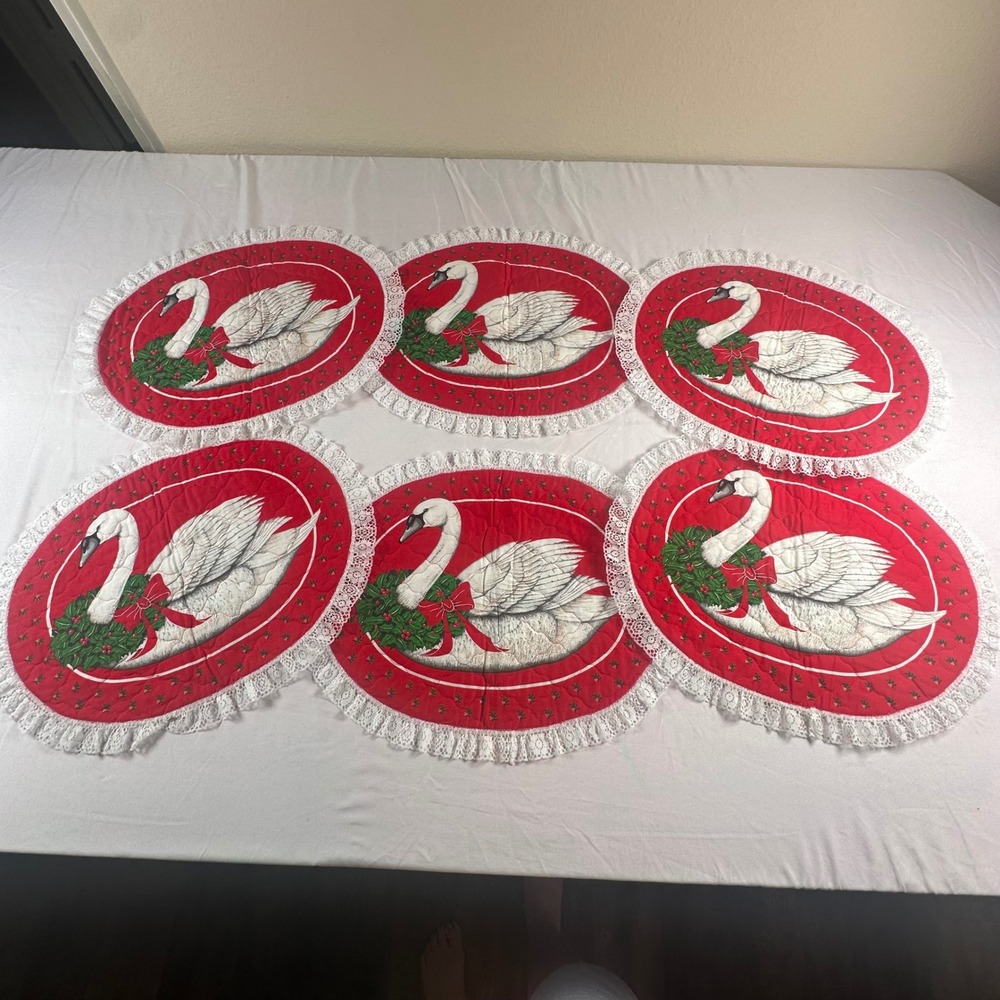 Vintage Christmas Quilted Placemats Set 6 Reversible Swan Geese Lace Cottagecore